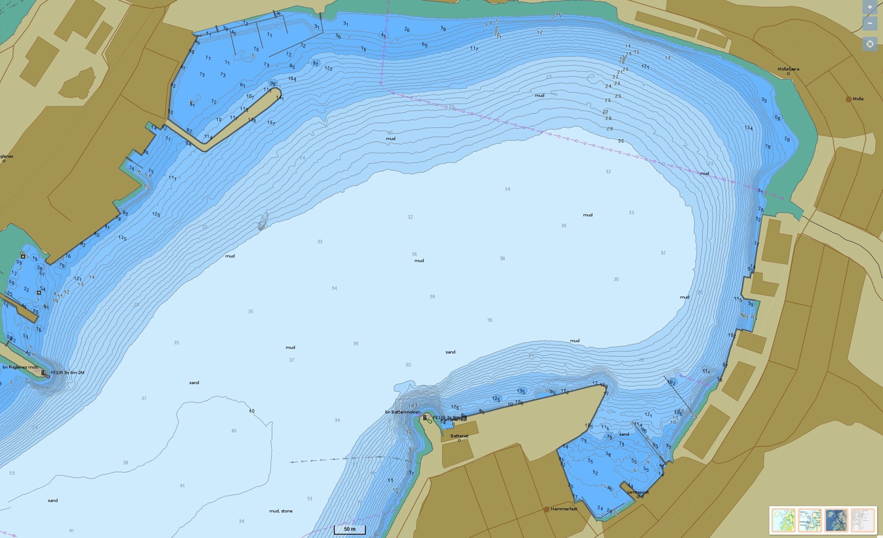 Utsnitt fra elektornisk sj&oslash;kart (ENC) som dekker Hammerfest havn, hentet fra norgeskart.no.
