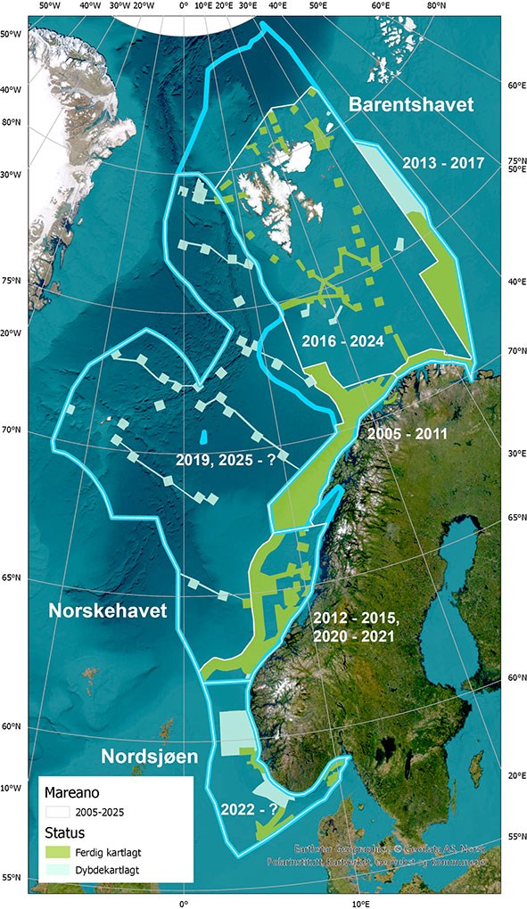 Kart som viser Norge og havomr&aring;dene i s&oslash;r, vest og nord. I havomr&aring;dene er kartlagte omr&aring;der markert.