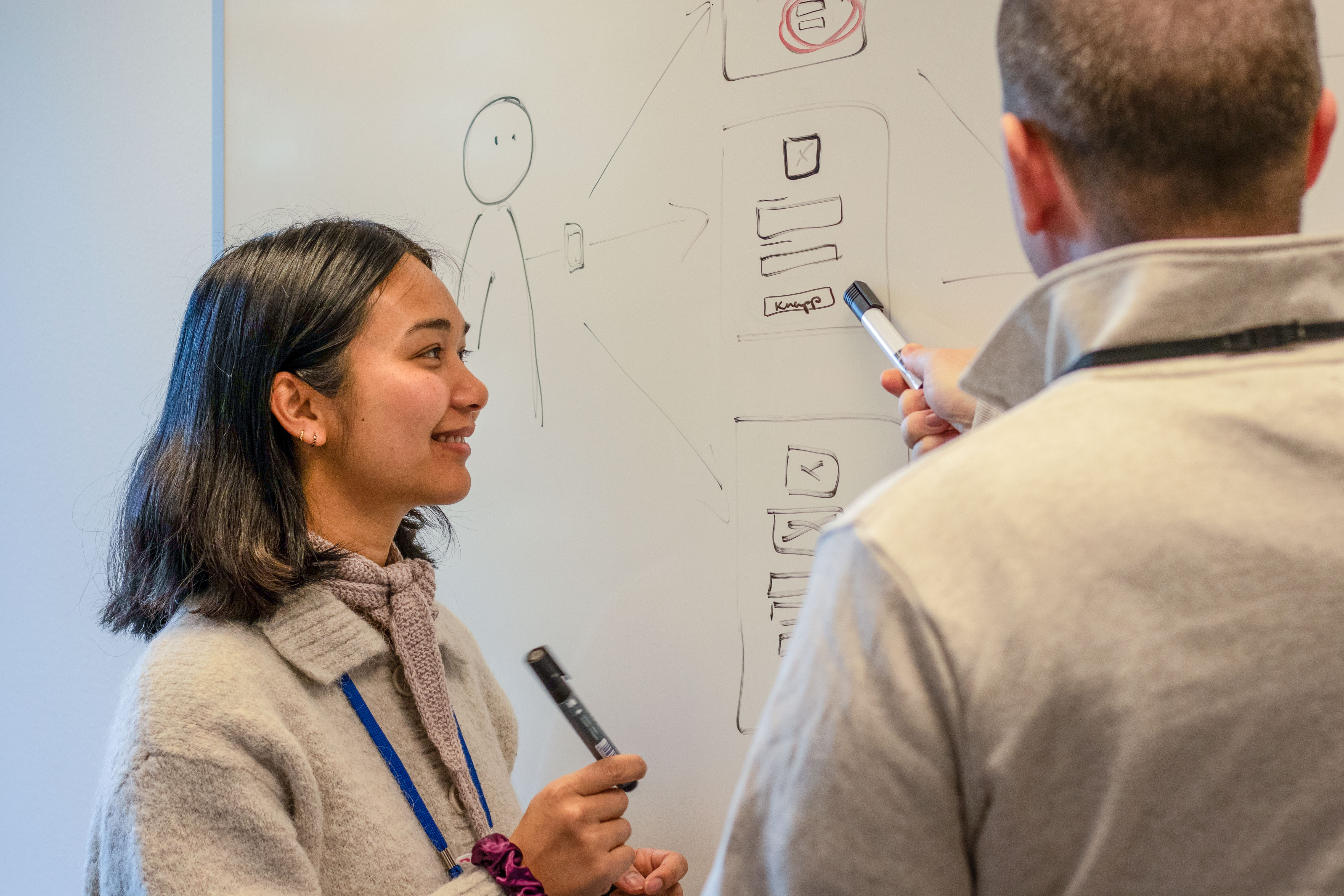 Ung kvinnelige UX-designer foran whiteboard-tavle