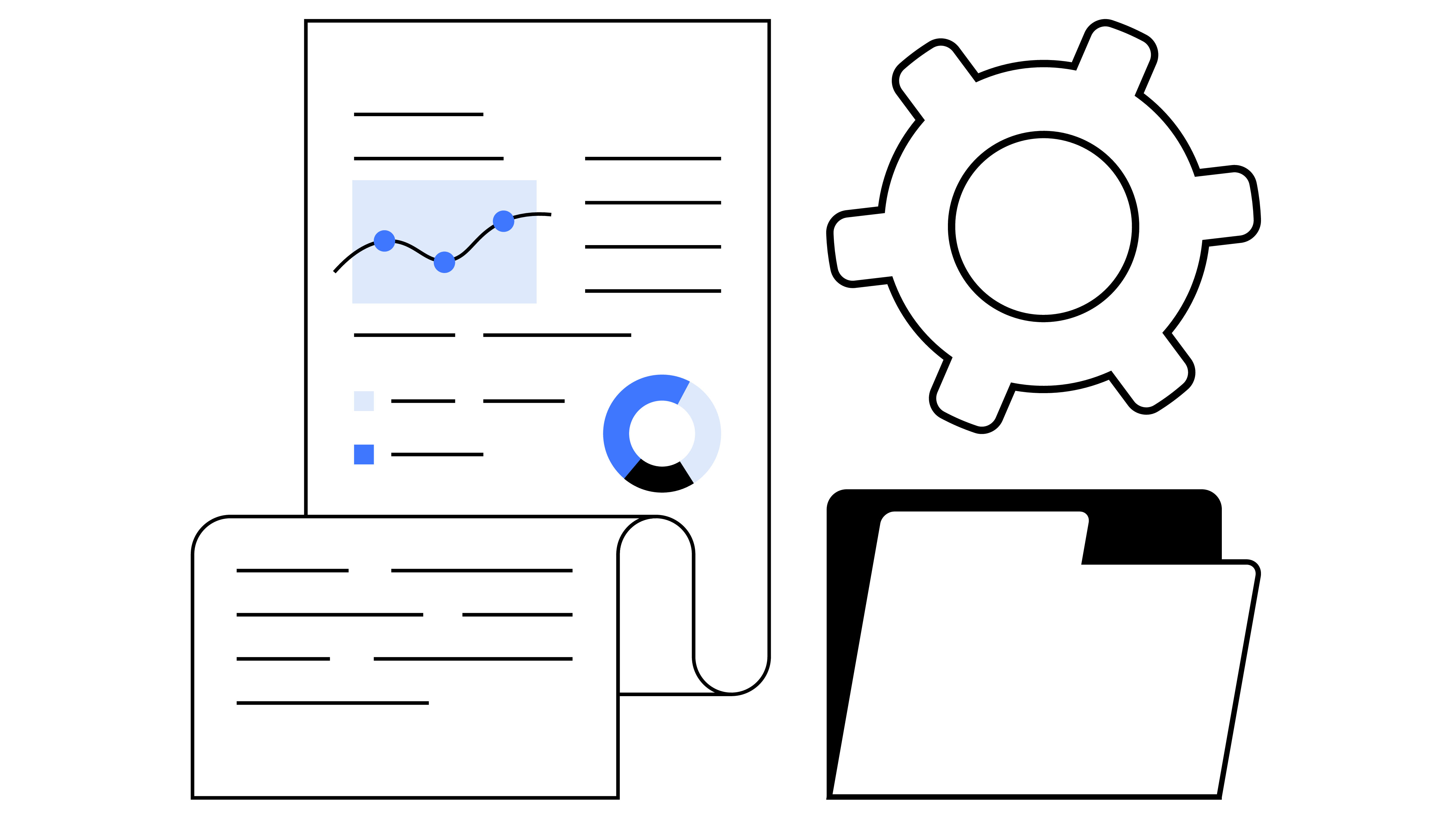 Grafisk framstilling av rapport, tannhjul og mappe