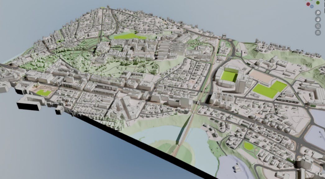 Eit modelert tredimensjonalt bilde av delar av Trondheim sentrum