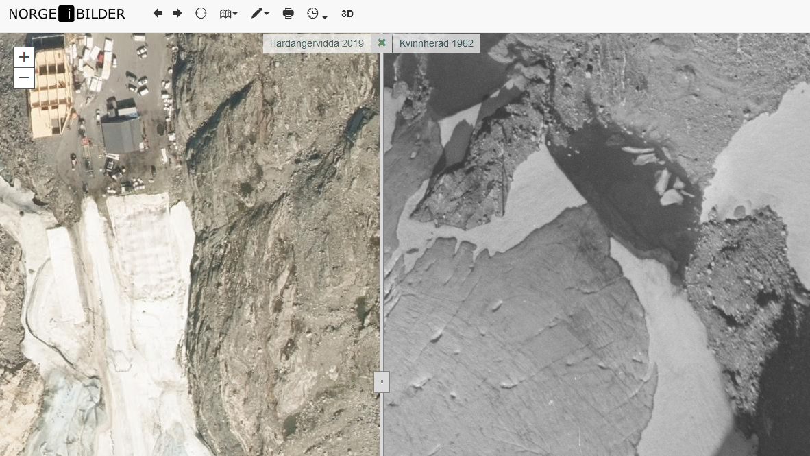 Eksempel p&aring; endringar i brelandskap p&aring; Folgefonna