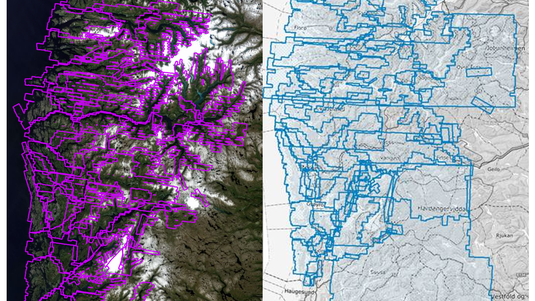 Til venstre; Runde 1 - historiske ortofoto (1951-1977) som er fullf&oslash;rt. Til h&oslash;gre; Runde 2 - planlagte historiske ortofoto fr&aring; 1980-talet