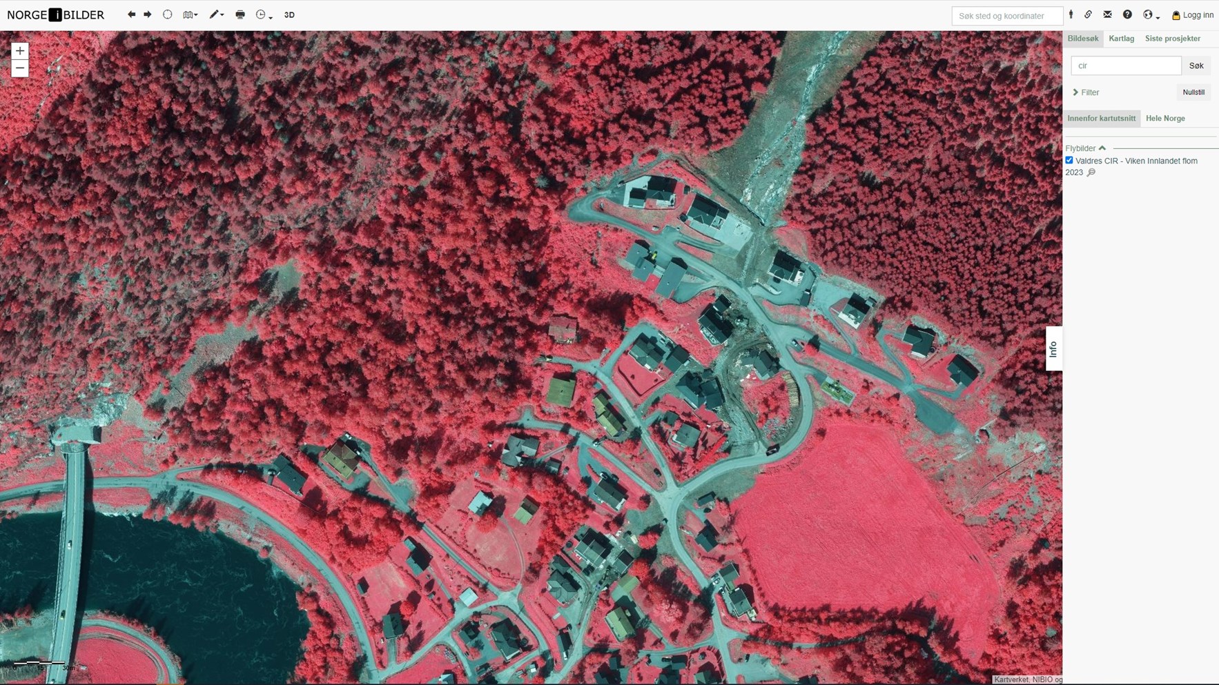 Infrar&oslash;dt ortofoto p&aring; Norgeibilder.no av rasomr&aring;de ved Bagn