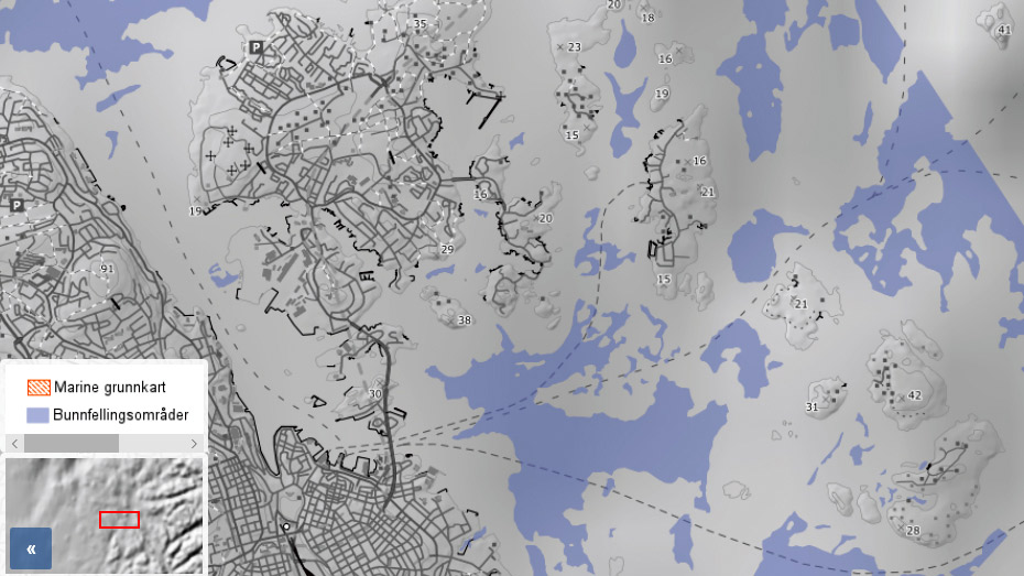 Utsnitt av kartet Bunnfellingsomr&aring;der med tegnforklaring.
