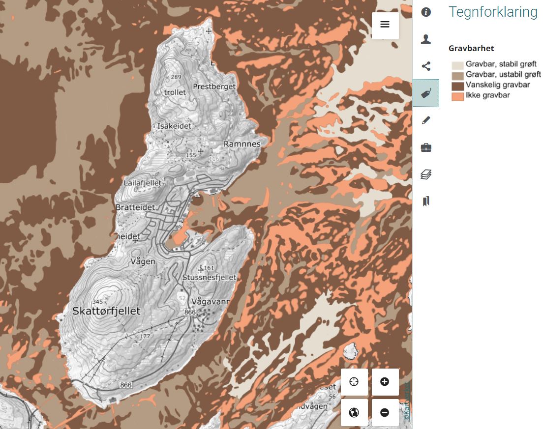 Utsnitt av kartet over gravbarhet fra omr&aring;det rundt Skjerv&oslash;ya.