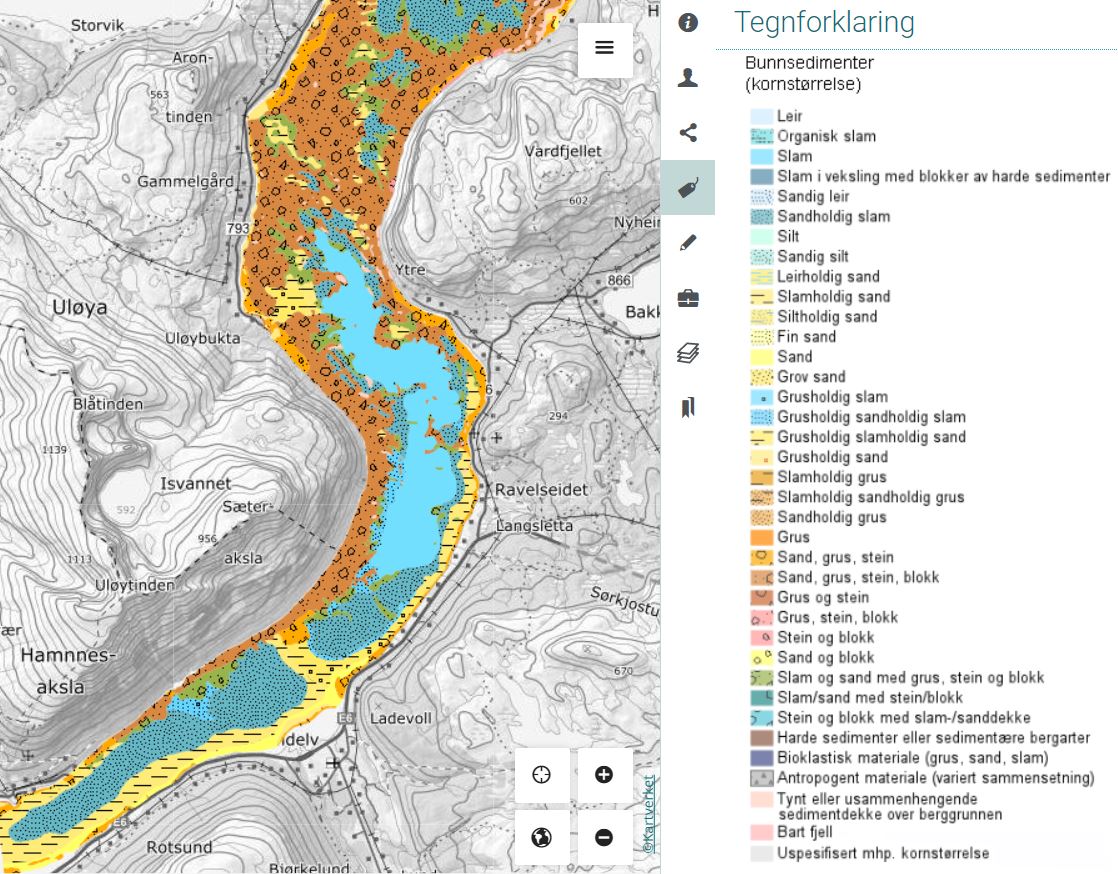Utsnitt av kartet over bunnsedimenter (kornst&oslash;rrelse) fra Rotsundet.