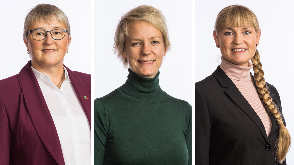 Portrettfoto av Brigit Oline Kjerstad, Ingrid Fiskaa, Grete Wold. Politikere i SV.