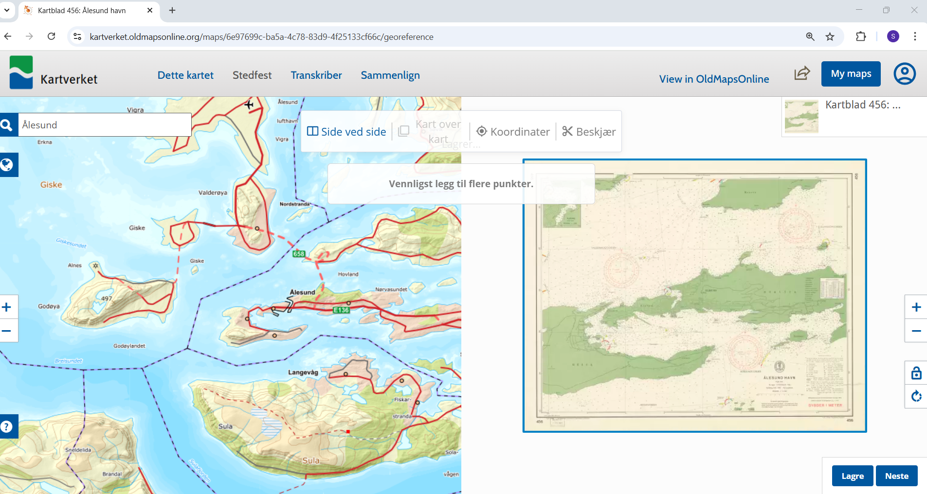 Illustrasjon av hvordan gamle kart georefereres.