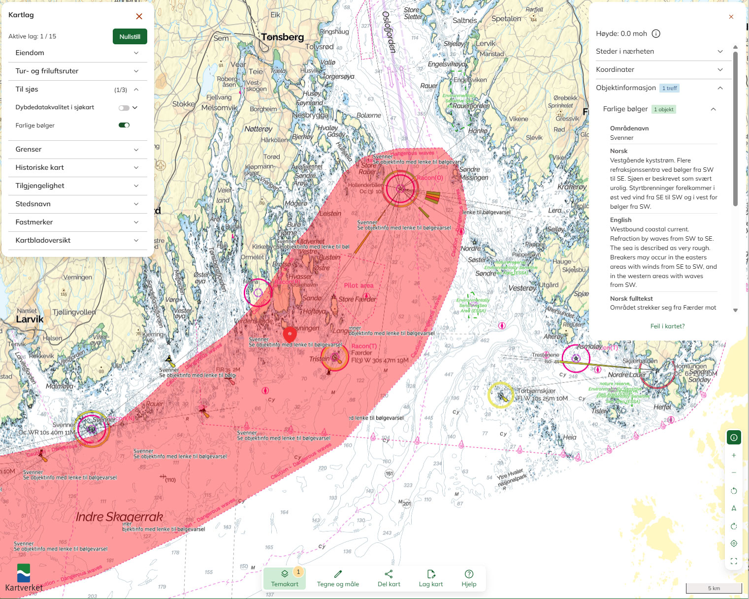 Skjermdump fra Norgeskart.no som viser farlige bølger markert som rødt i Skagerak og Ytre Oslofjord.