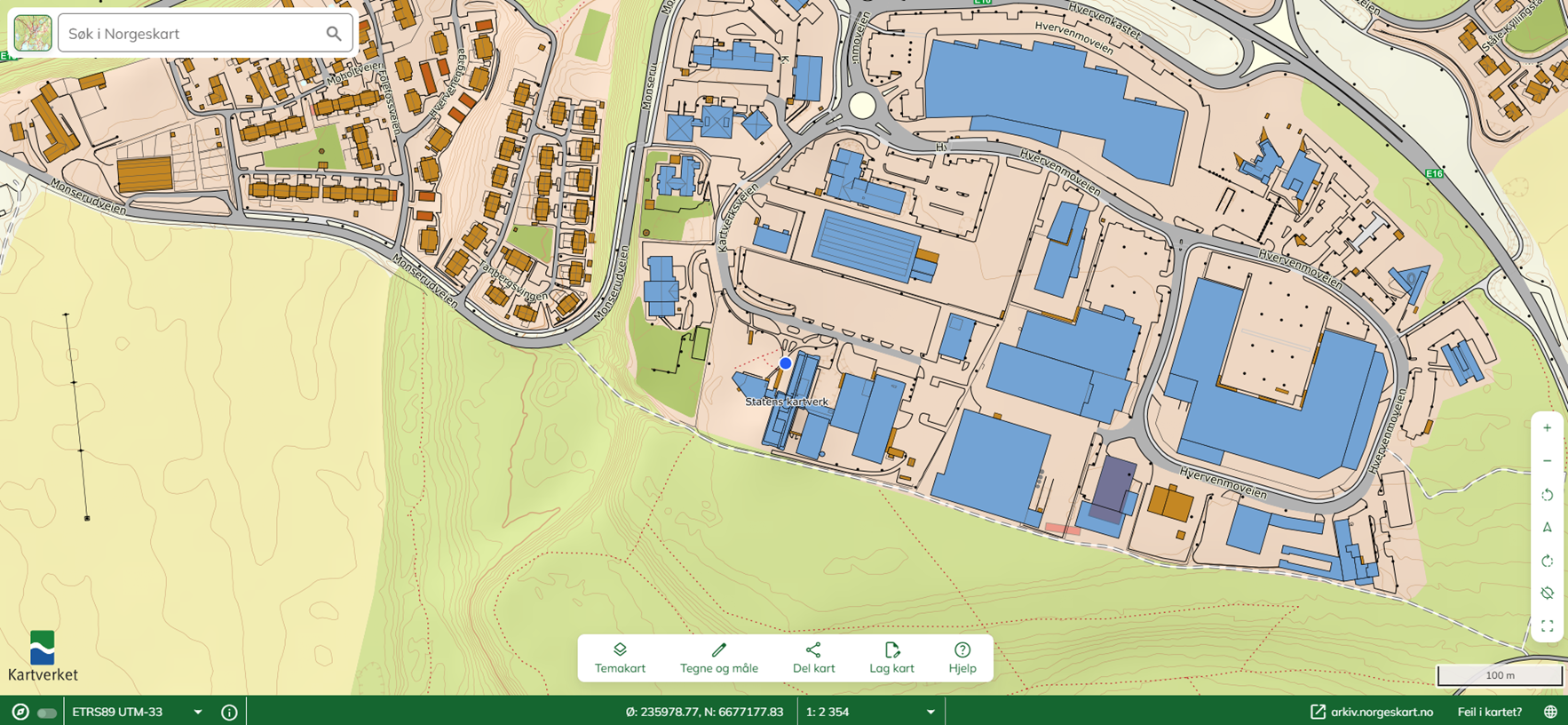 Skjermdump fra norgeskart.no viser posisjon i kart.
