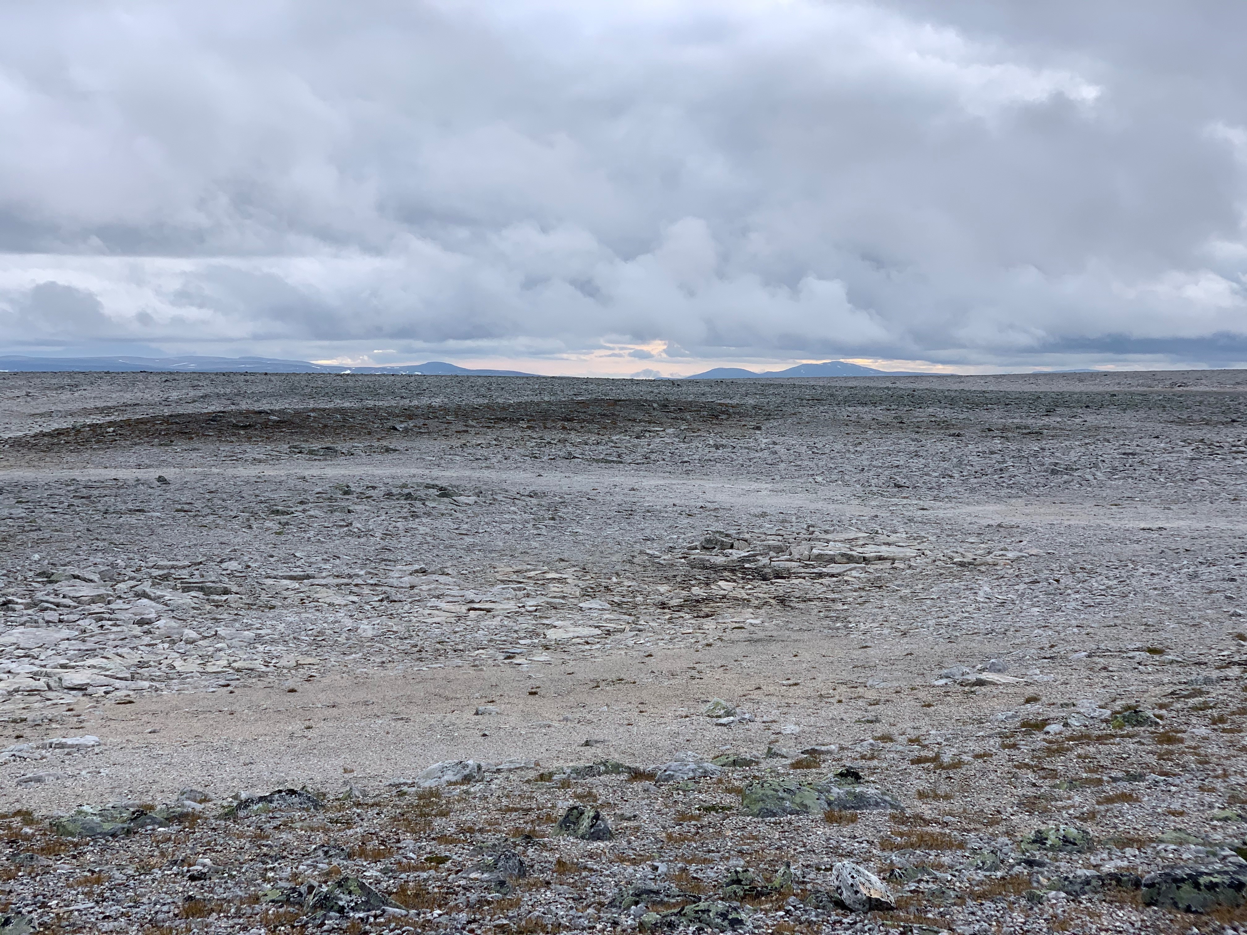 Utsiktsbilde fra Vuonjalrášša i Lebesby med steinslette og fjell i bakgrunnen. Foto: Marit Holm
