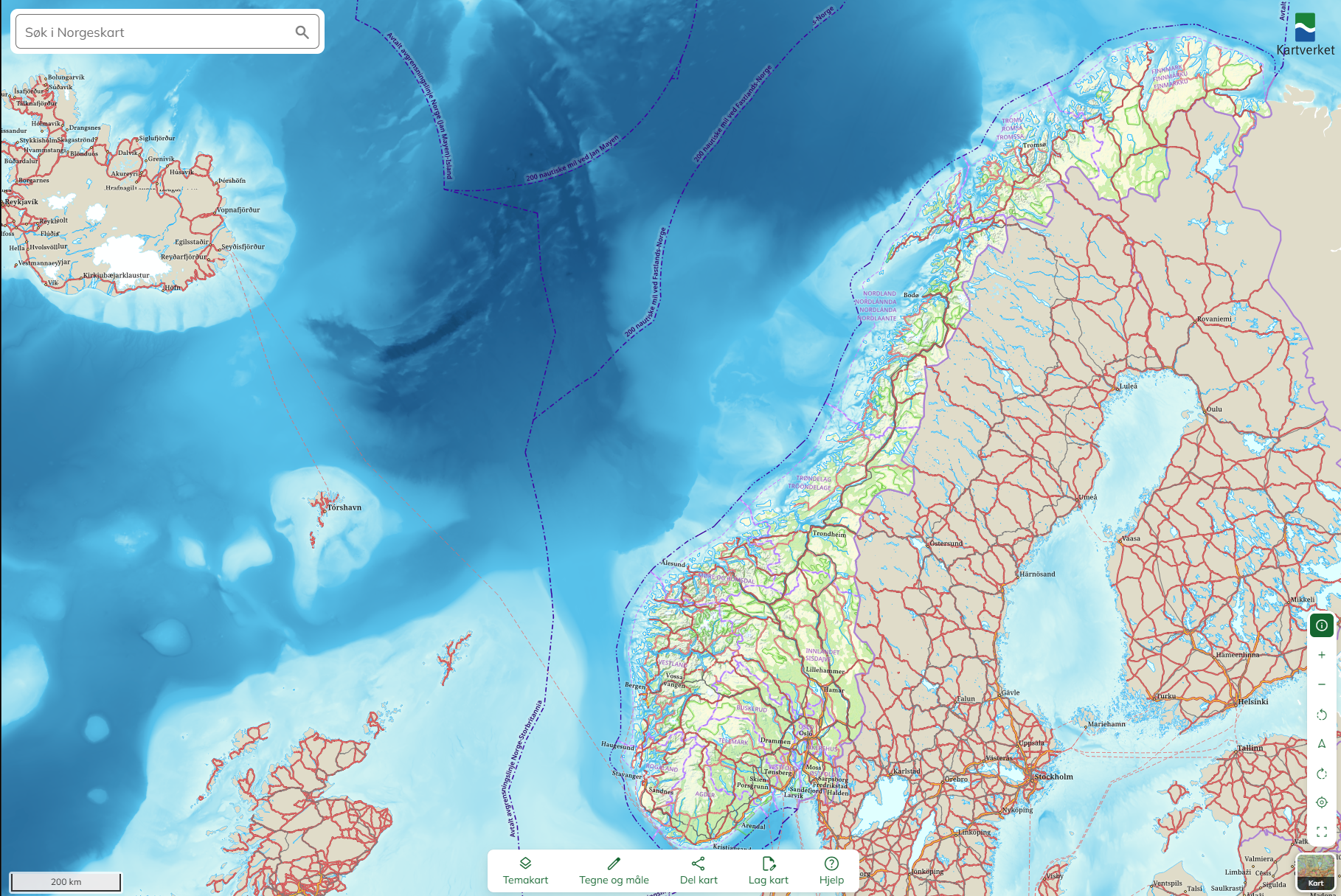 Skjermdump av hvordan nye Norgeskart.no vil se ut, med mørkere fargegraderinger der det er dypere hav.