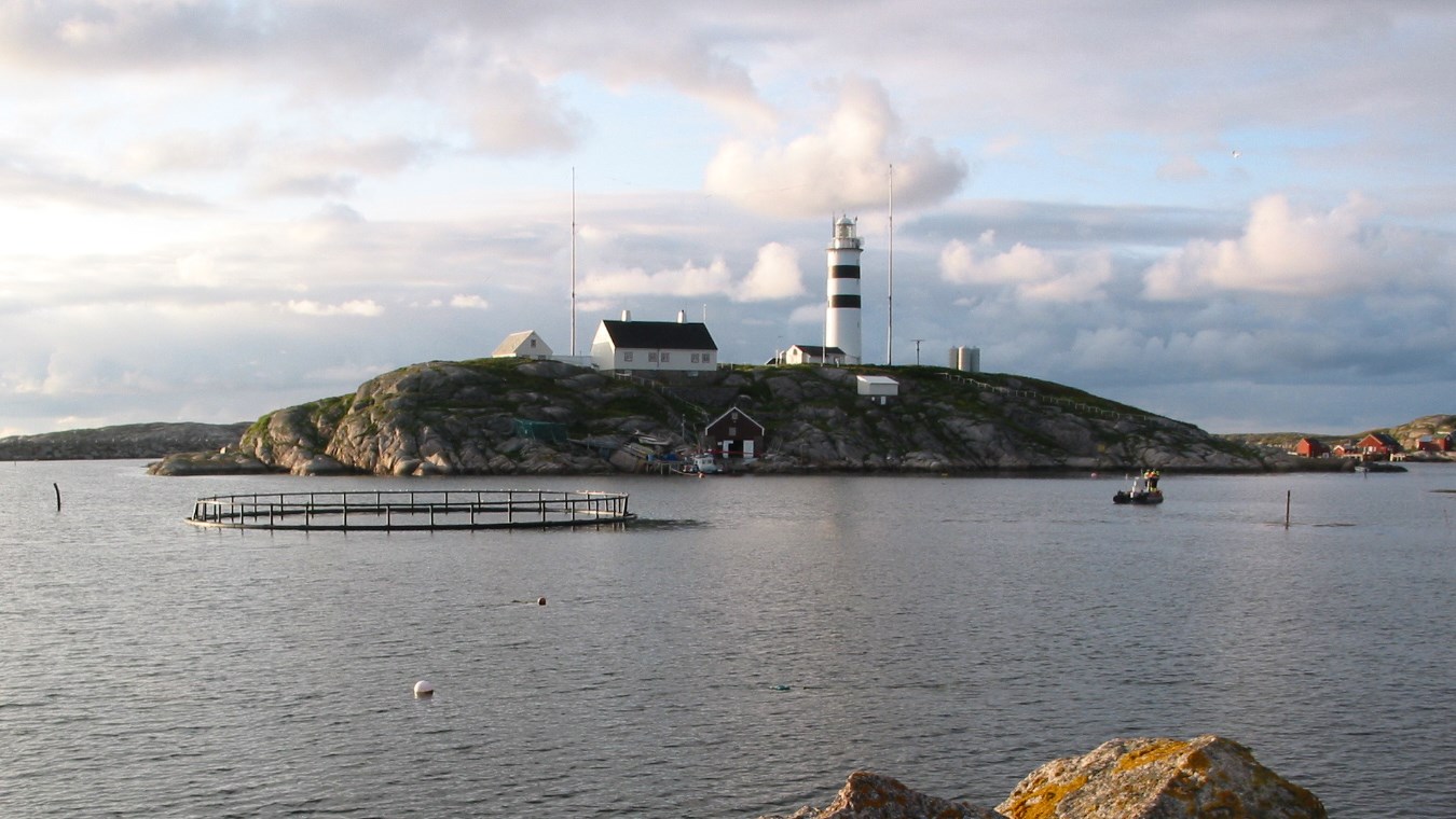 Halten fyr ved Fr&oslash;ya, med mange staker og ei oppdrettsmerde.