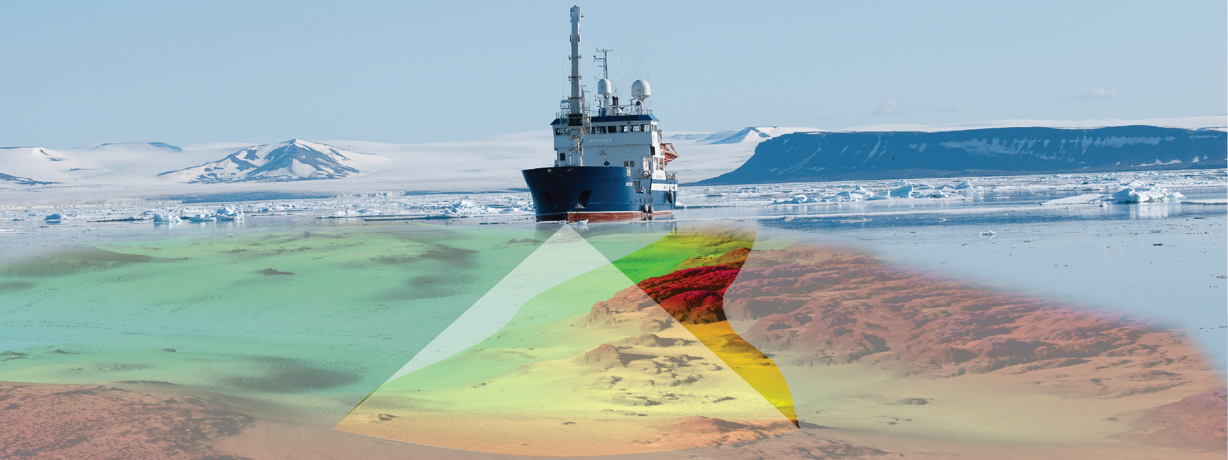 Fartøy dybdekartlegger havbunn med multistråleekkolodd. Terrengmodell av havbunn er redigert inn. Fotomontasje