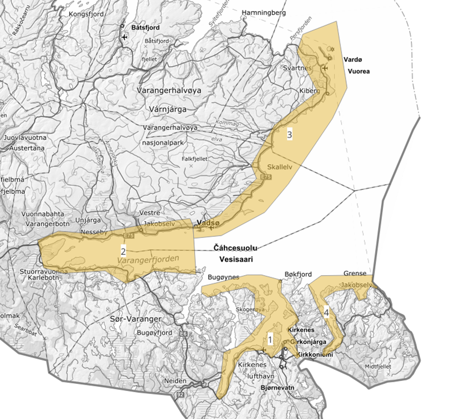 Bilde av marine grunnkart med enkelte felter markert i gul.
