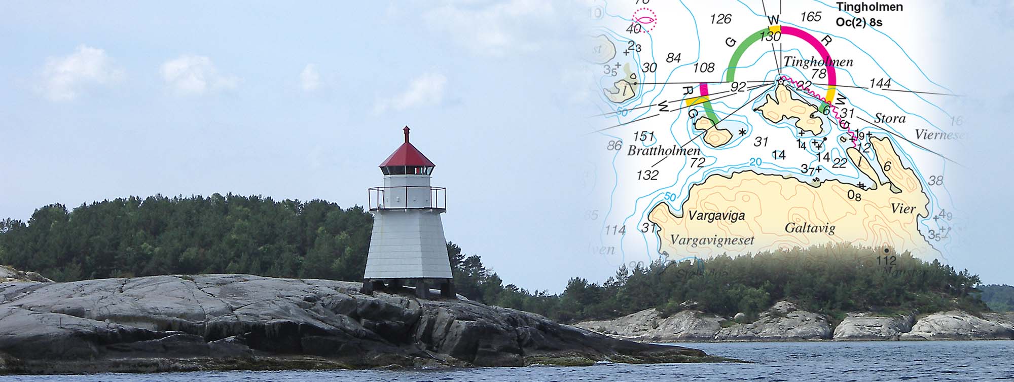 Fyrlykt på Tingholmen. Kartutsnitt som viser sjømerke for fyrlykt er redigert inn. Foto: Arnfinn Lie
